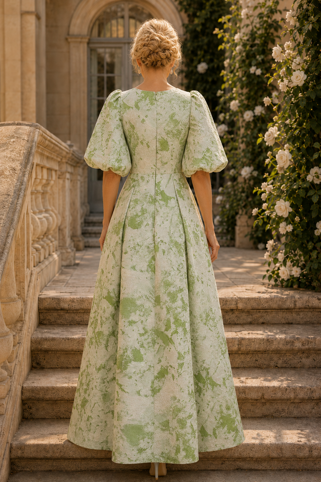 Vestido largo plisado de corte A con mangas abullonadas