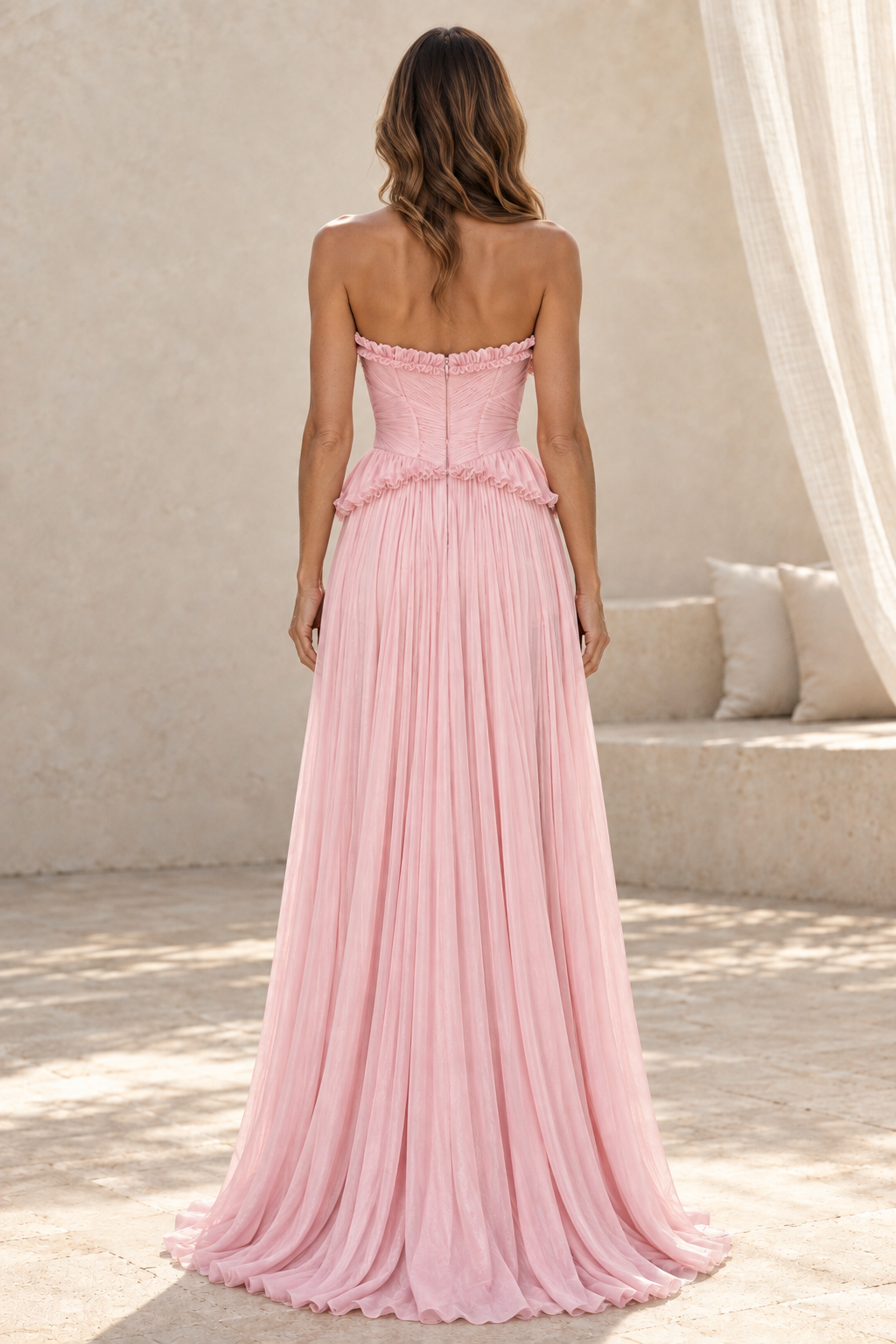Strapless Pleated Corset Gown with Peplum Detail