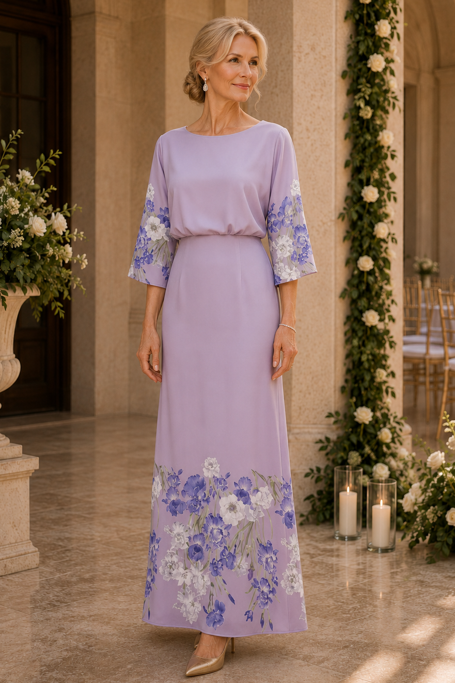 Maxivestido con estampado floral en el dobladillo y manga francesa
