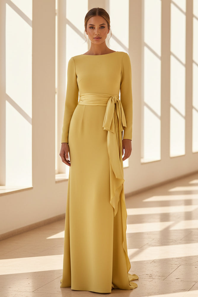Elegante vestido de noche largo de columna con manga larga y lazo lateral