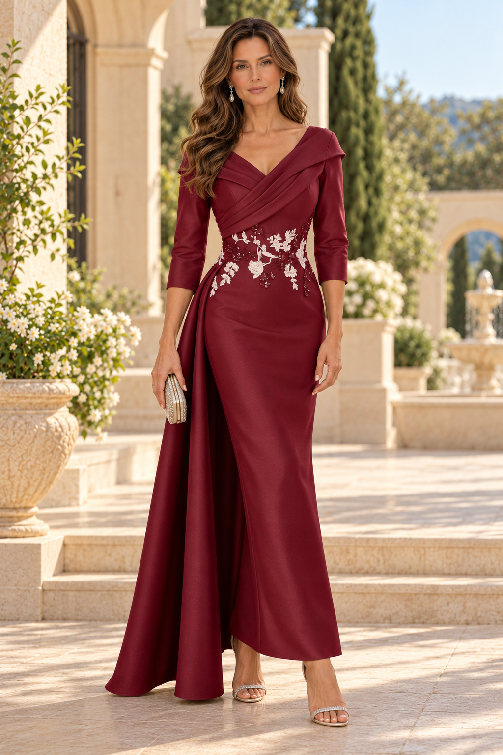 Evening Gown with Side Drape and Appliques