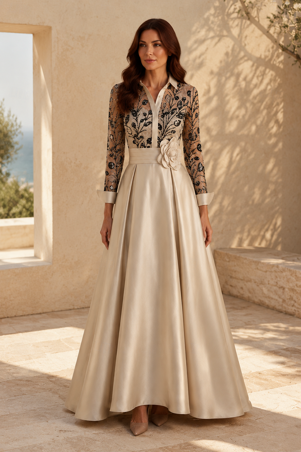 Vestido de Noche Acampanado con Cuello Camisero Bordado y Cintura Floral en 3D