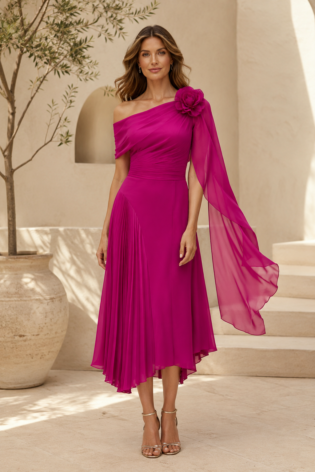 Vestido midi floral asimétrico con capa