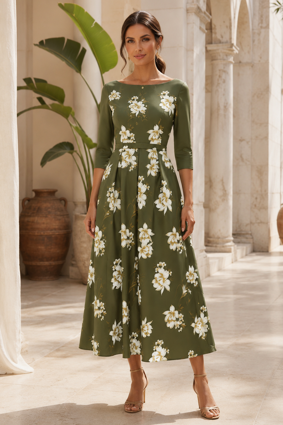 Vestido Midi con Estampado Floral, Cuello Barco y Corte Evasé