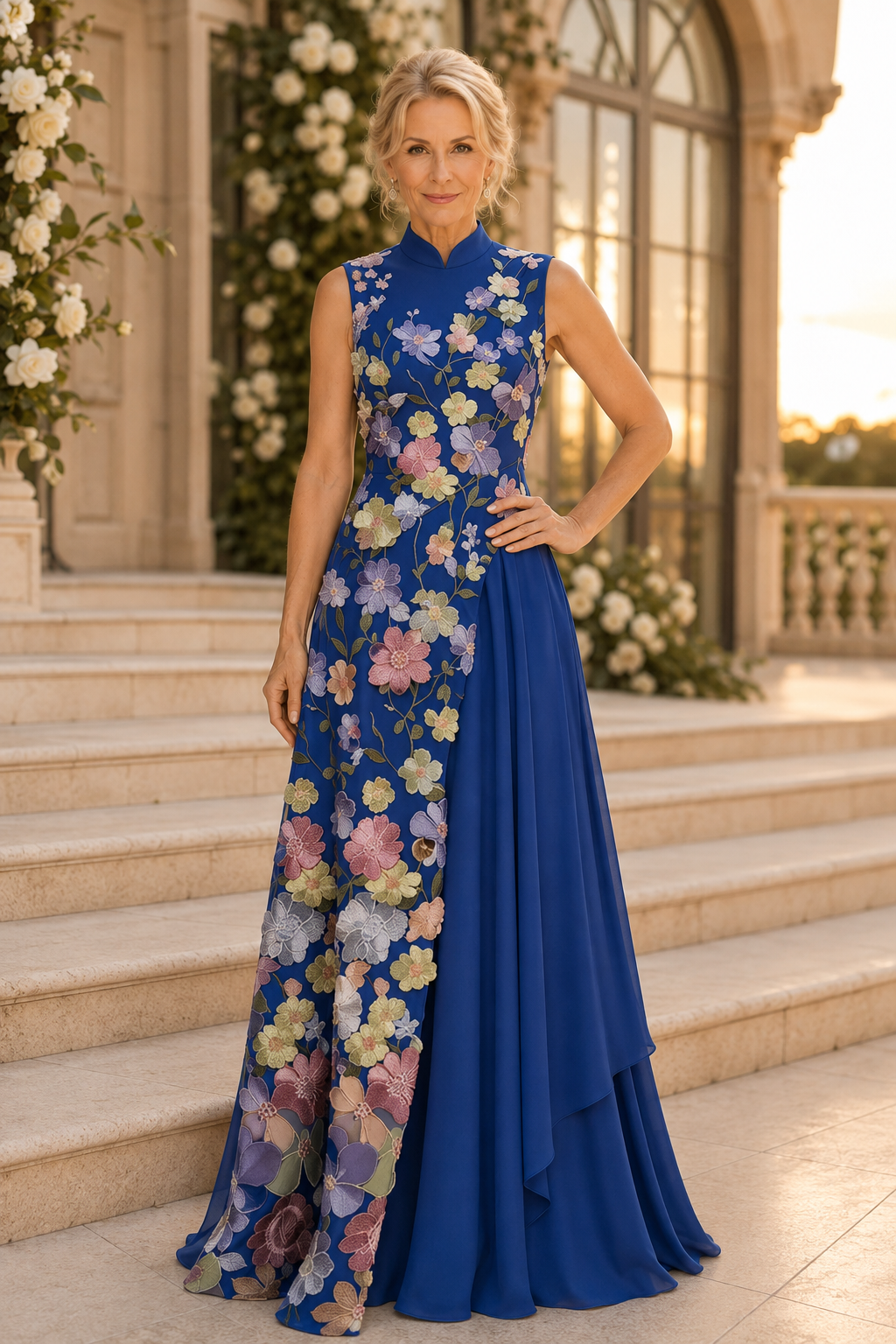 Vestido de noche acampanado con cuello alto y bordado floral