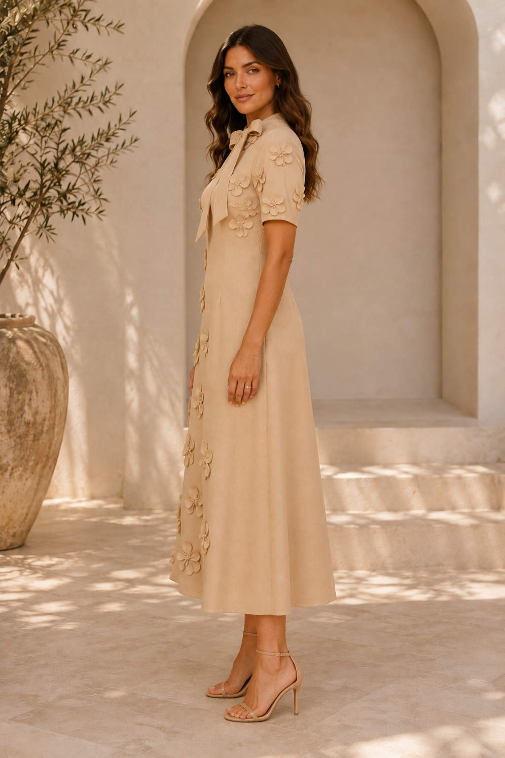 Vestido midi con apliques florales 3D y lazo al cuello