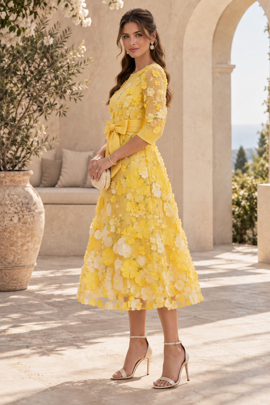 3D Floral Applique Midi Dress with Bow Waist
