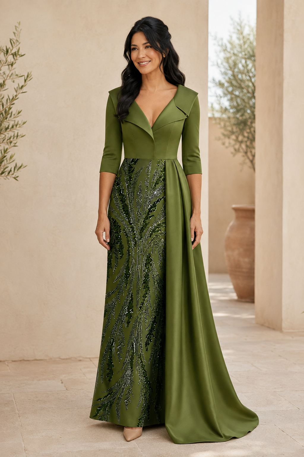 Vestido de Noche de Lentejuelas y Satén con Cuello Doblado