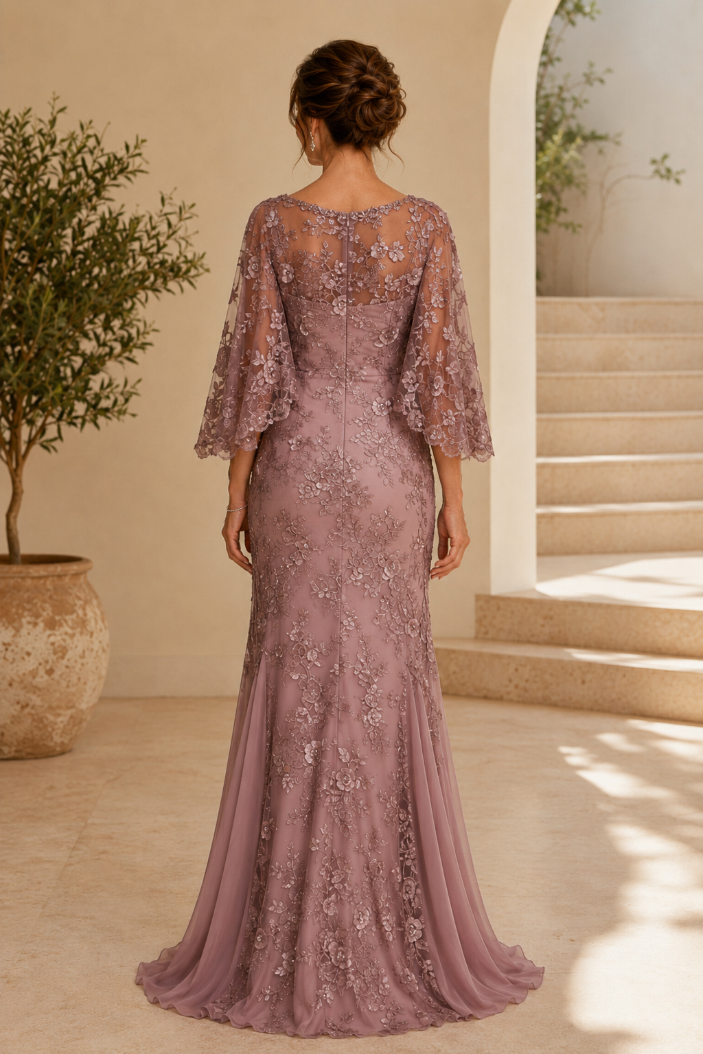 Vestido de cola de trompeta con capelina bordada