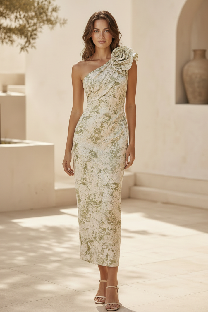 Vestido jacquard floral asimétrico hasta la rodilla