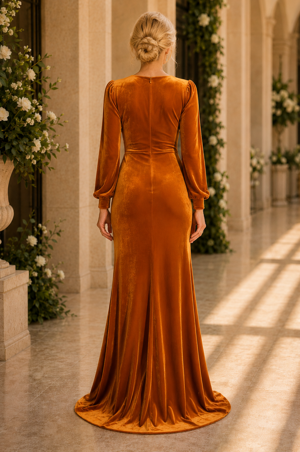Maxivestido cruzado de terciopelo con abertura alta y volantes