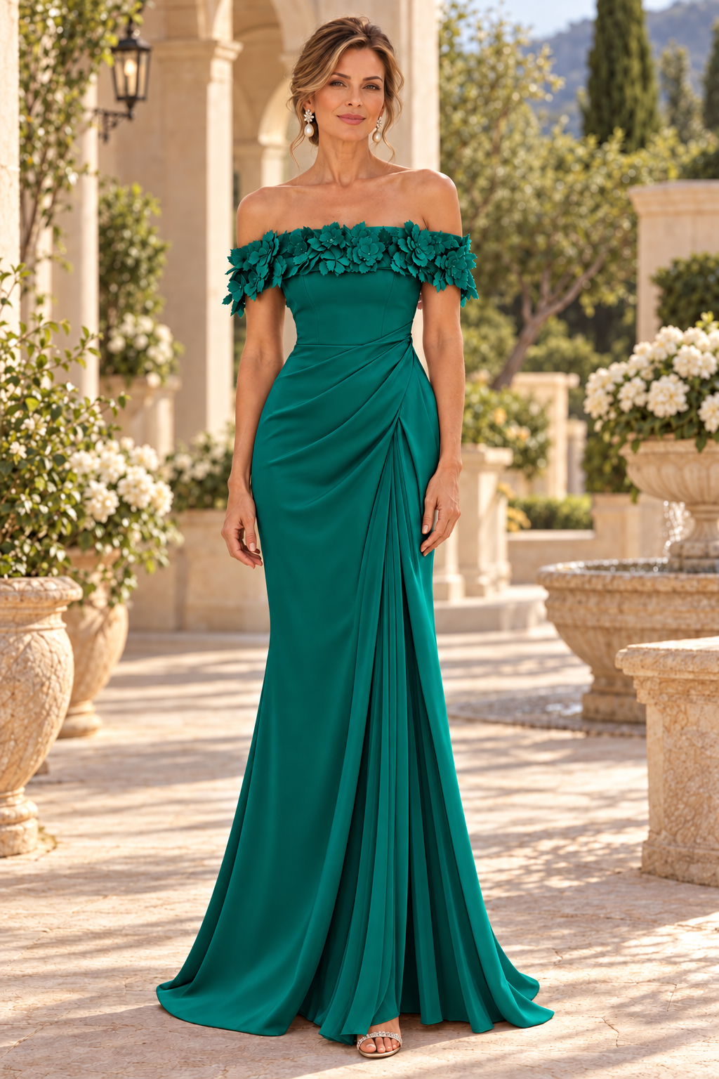 Floral Off-Shoulder Draped Gown with Slit