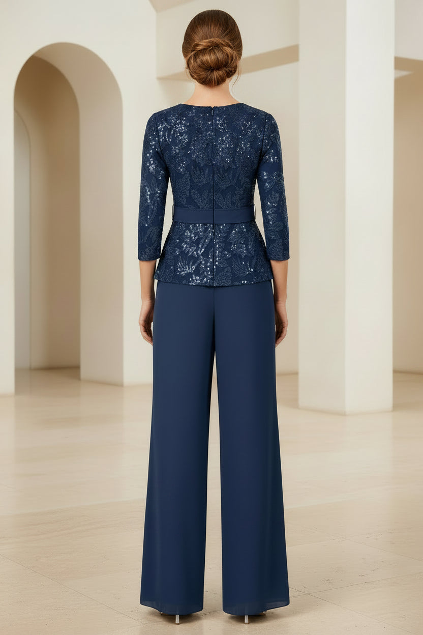 Traje de pantalón de dos piezas de encaje con lentejuelas y pantalón de pierna ancha
