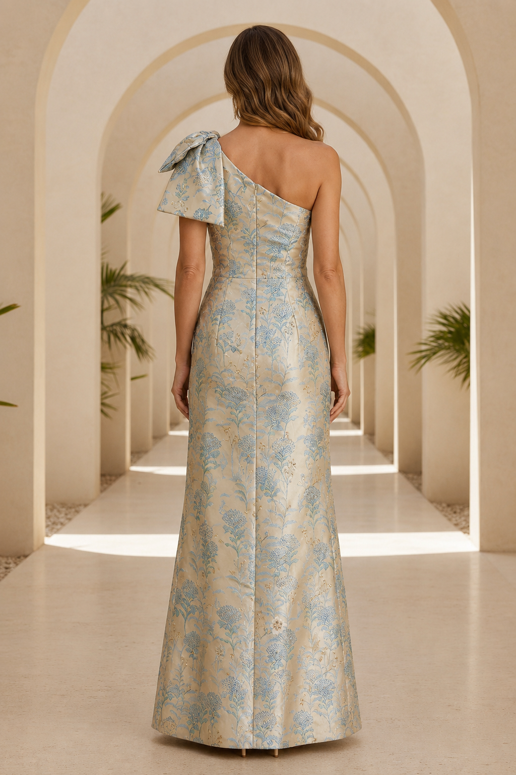 Vestido largo de jacquard floral de un hombro con detalle de lazo