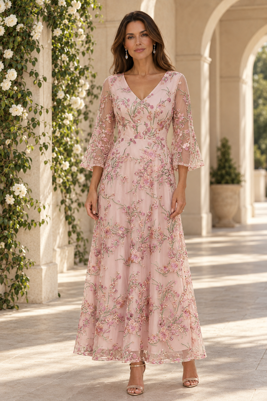 Vestido evasé floral bordado con mangas acampanadas
