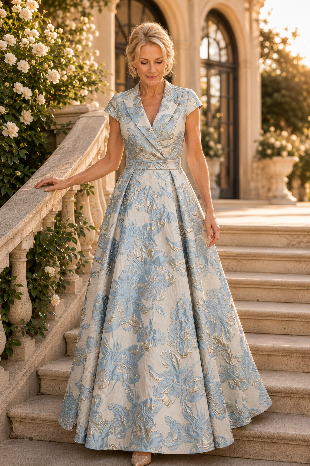 Vestido con vuelo de jacquard floral y manga casquillo