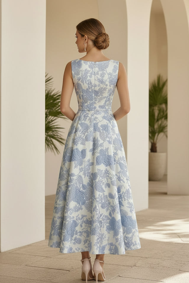 Vestido acampanado largo tobillero de jacquard floral