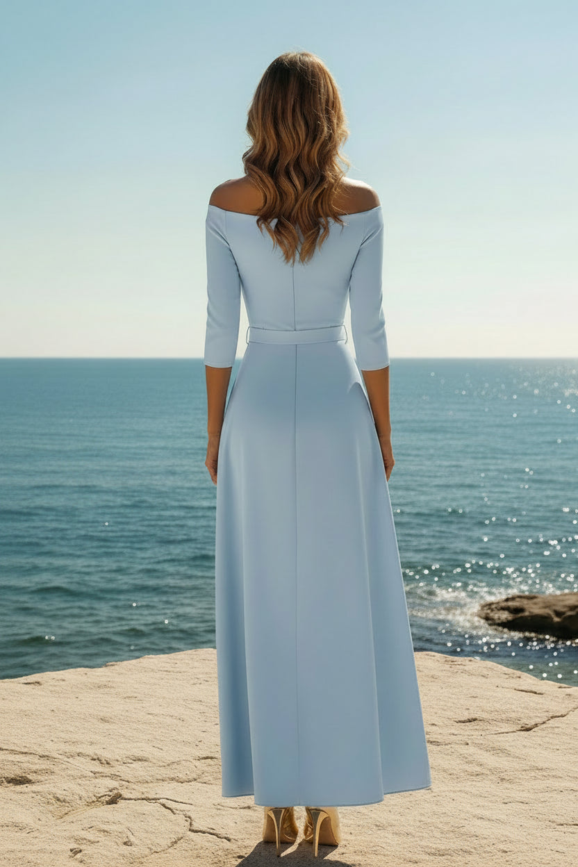 Elegante vestido formal midi con hombros descubiertos y manga 3/4