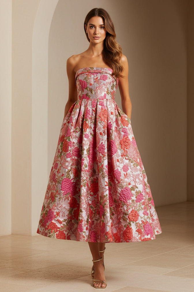 Vestido midi de jacquard floral sin tirantes con bolsillos