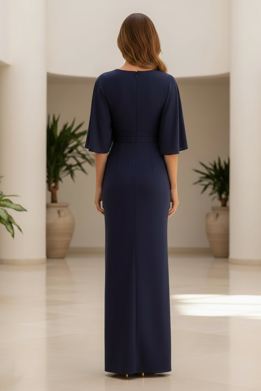 Vestido de noche largo de columna con escote en V y capa superpuesta