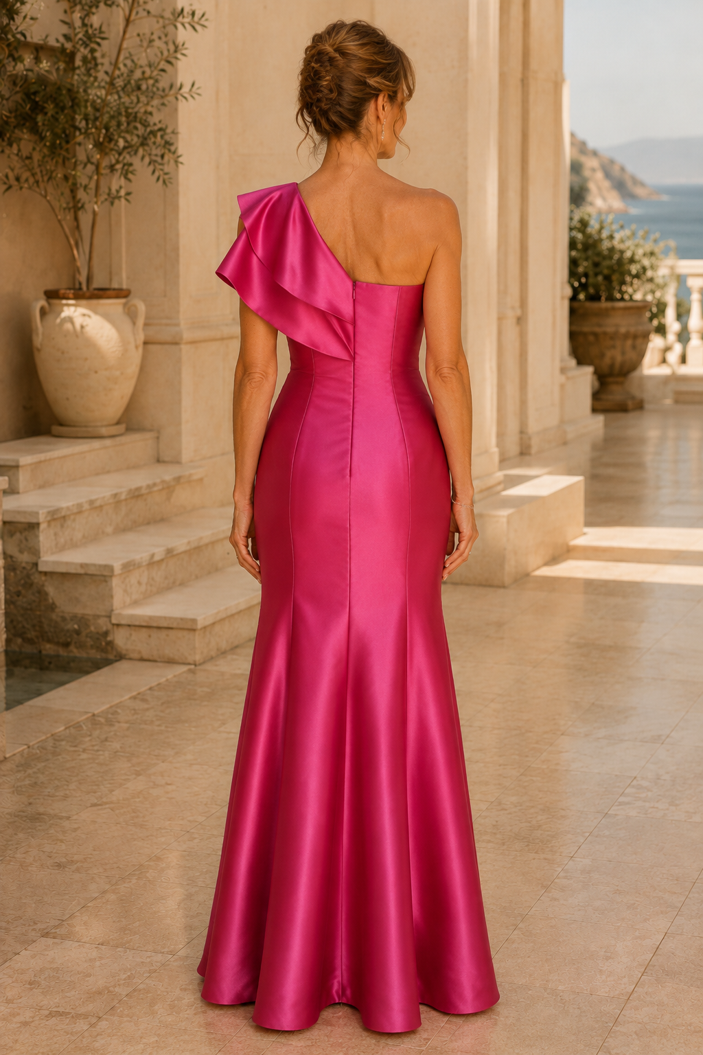 Vestido de Noche Sirena de Satén con Volantes y Un Hombro