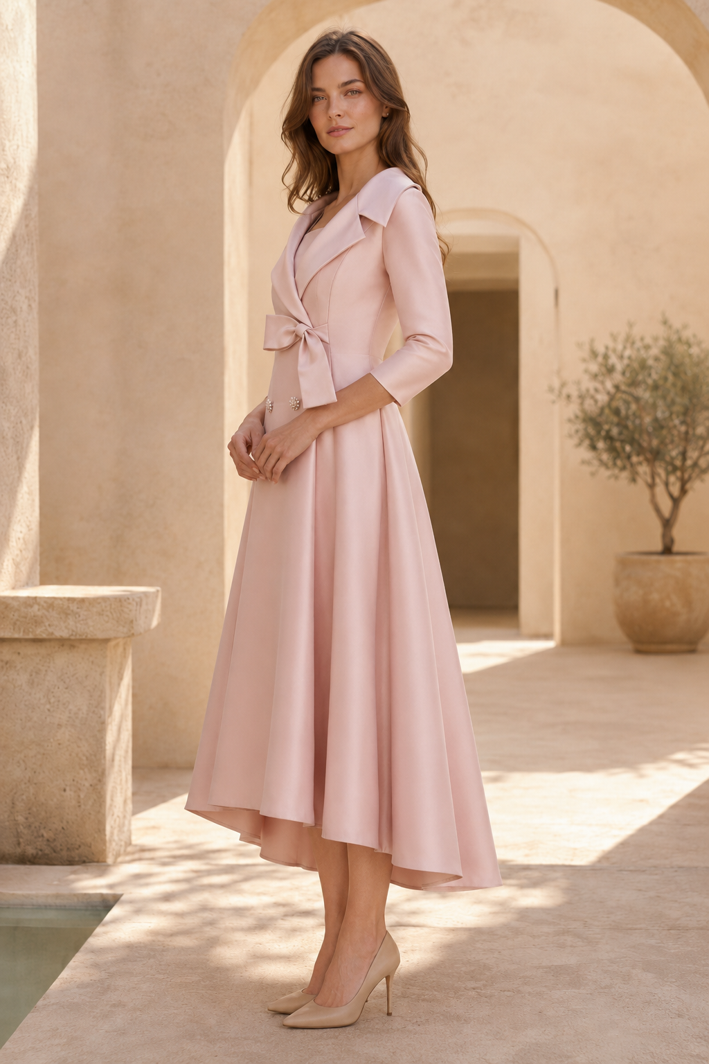 Vestido-abrigo evasé con cuello solapa y lazo