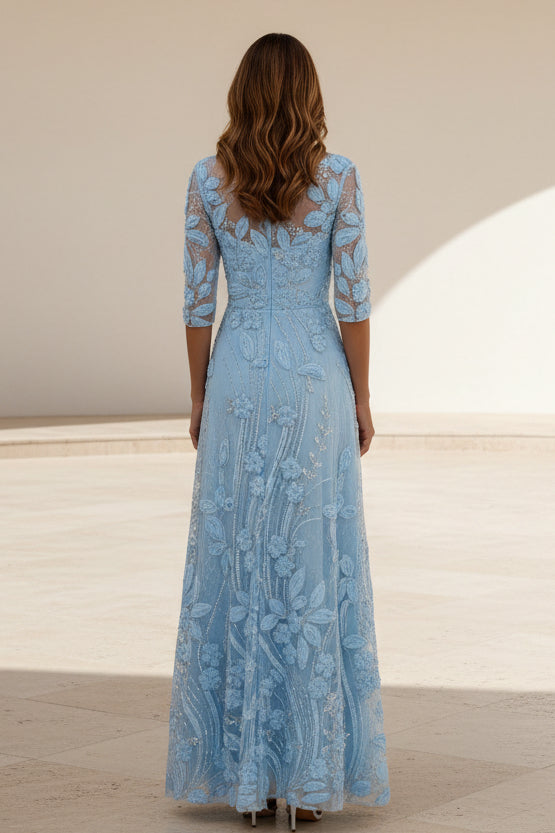 Vestido de Noche Acampanado con Mangas y Efecto Floral 3D
