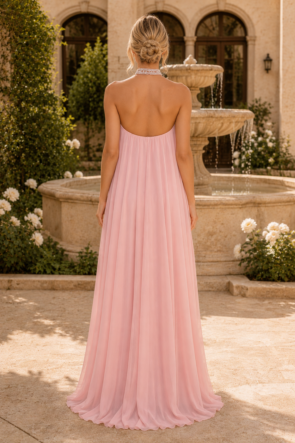 Vestido largo con cuello halter adornado y espalda abierta