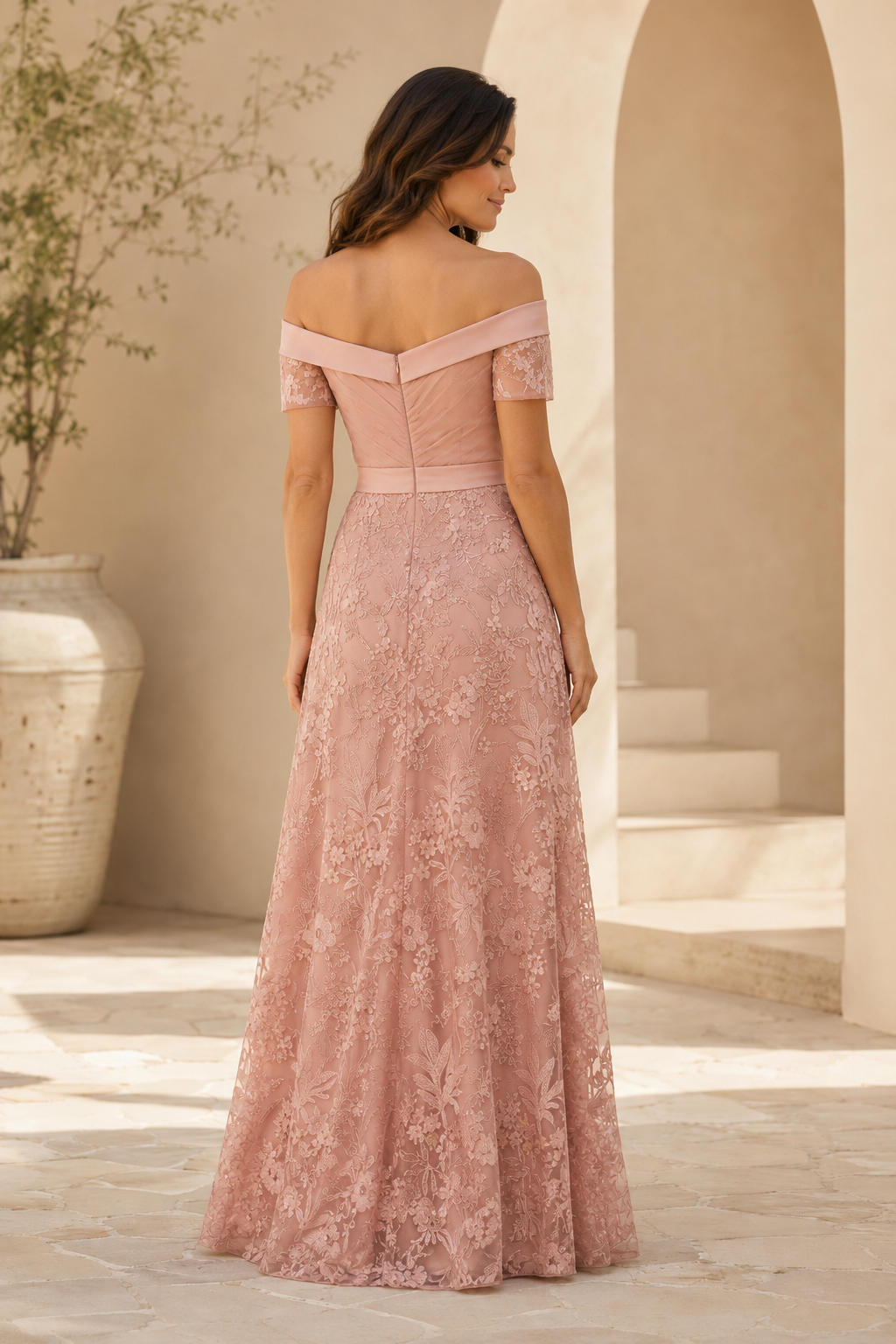 Vestido de noche estilo A con encaje y escote Bardot con fajín