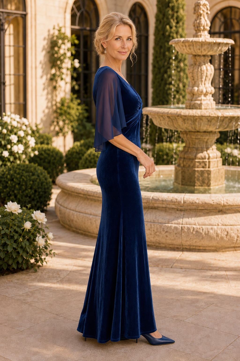 Vestido de terciopelo con nudo frontal y mangas con volantes
