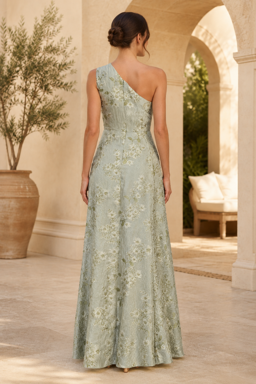 Vestido de noche acampanado de jacquard floral con un hombro
