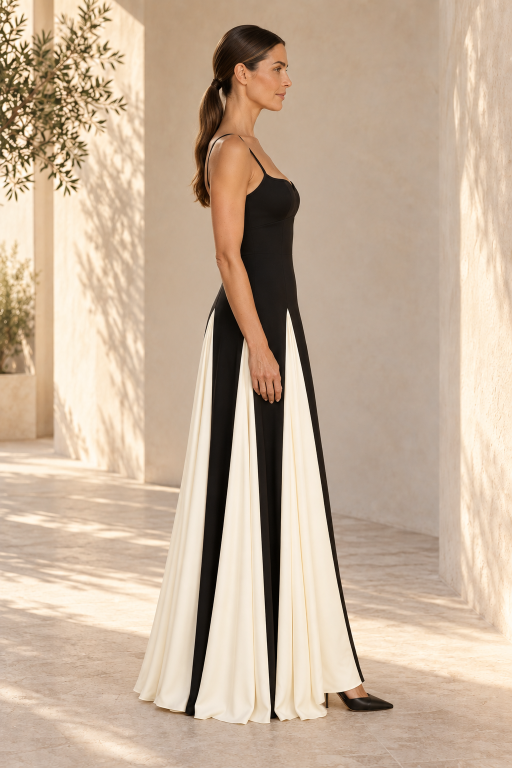Spaghetti Strap Gown with Contrast Pleated Insets