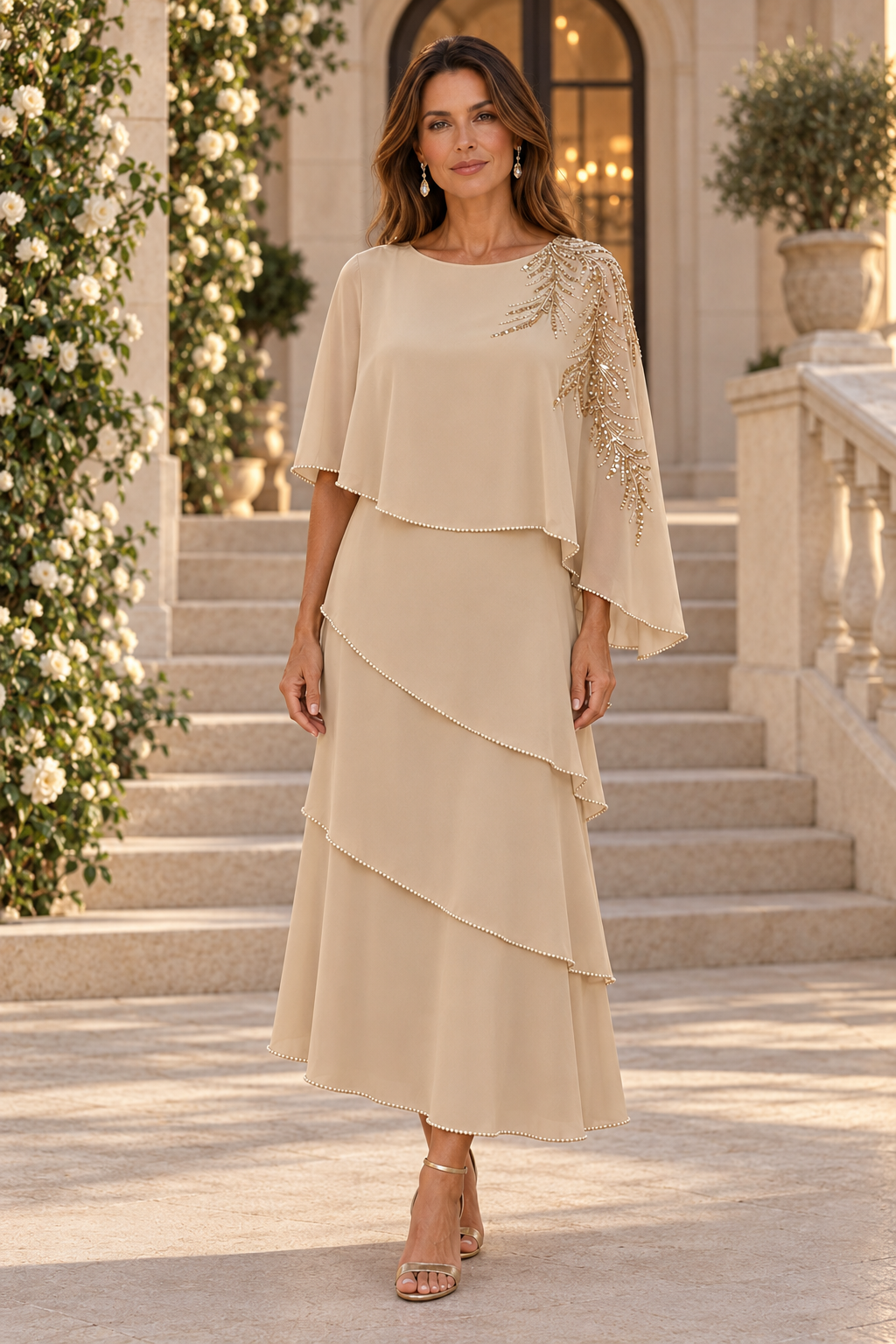 Vestido tipo capa escalonada con ribete de perlas