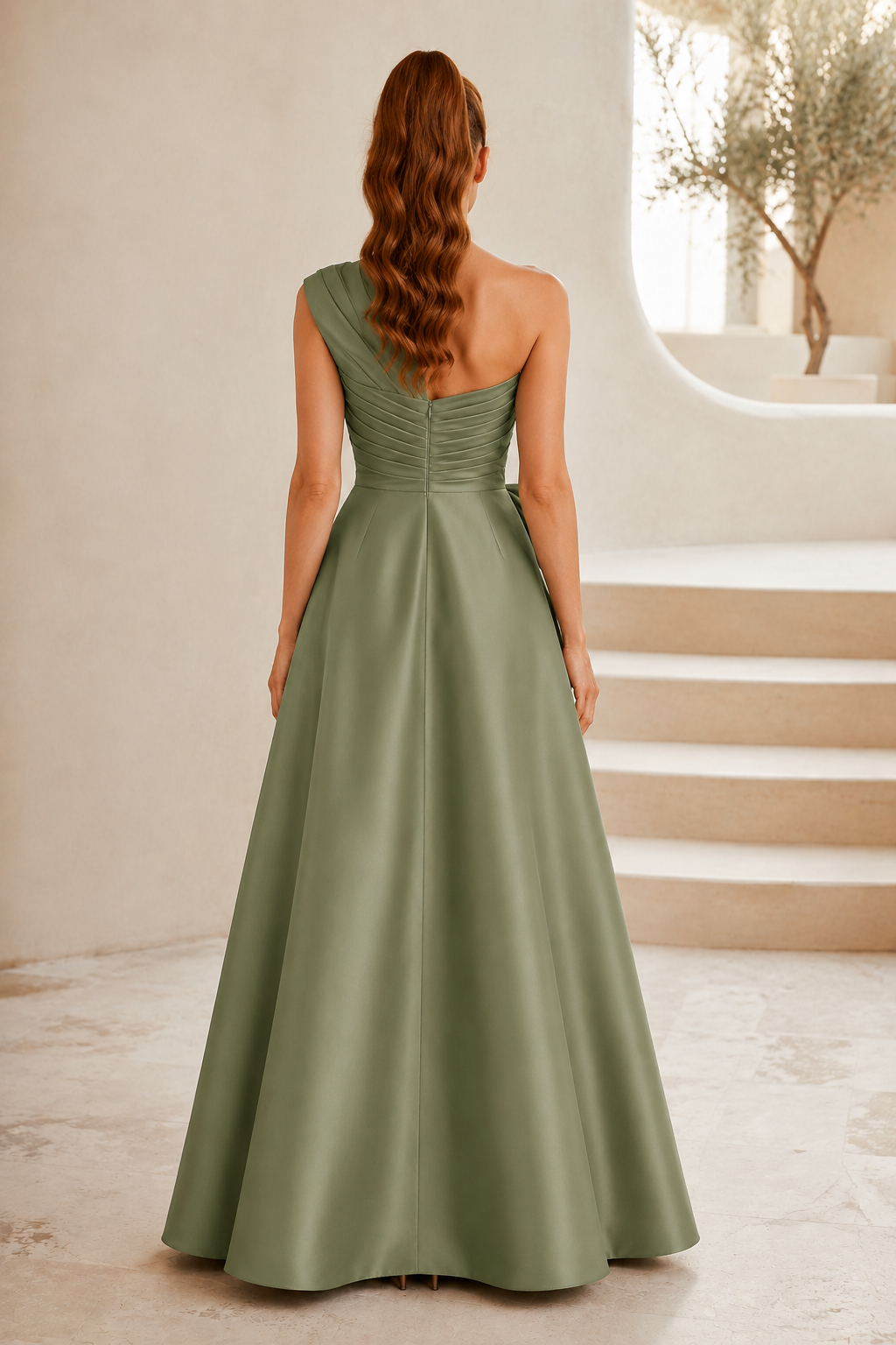 Vestido Plisado con un Solo Hombro, Falda de Lentejuelas y Lazo