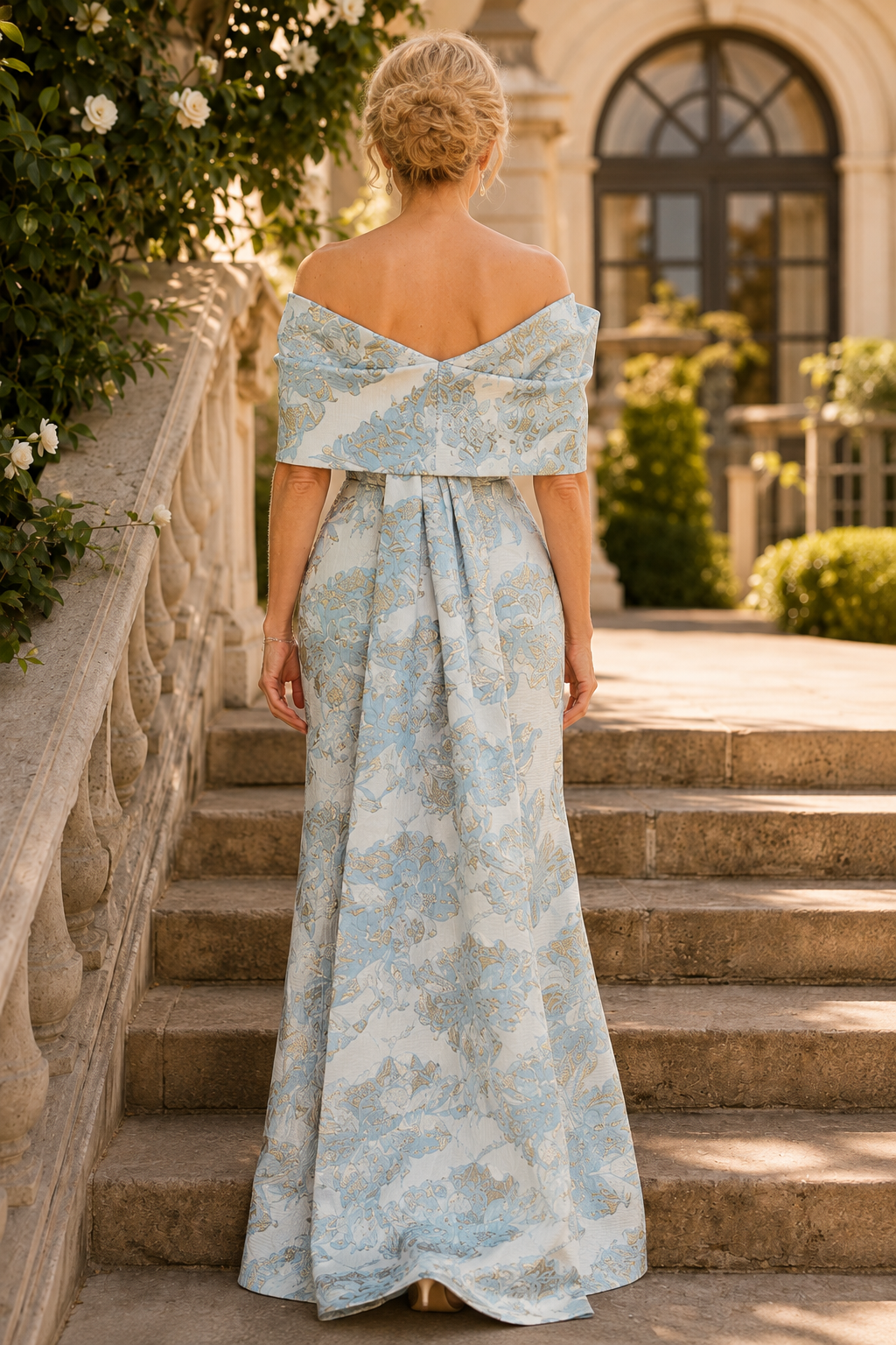 Vestido de brocado con hombros descubiertos y capa drapeada