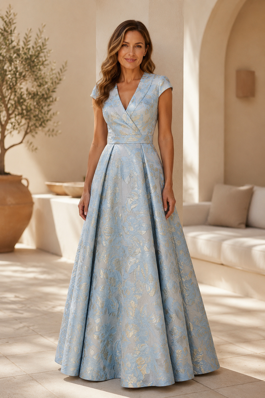 Vestido de noche acampanado jacquard con manga casquillo