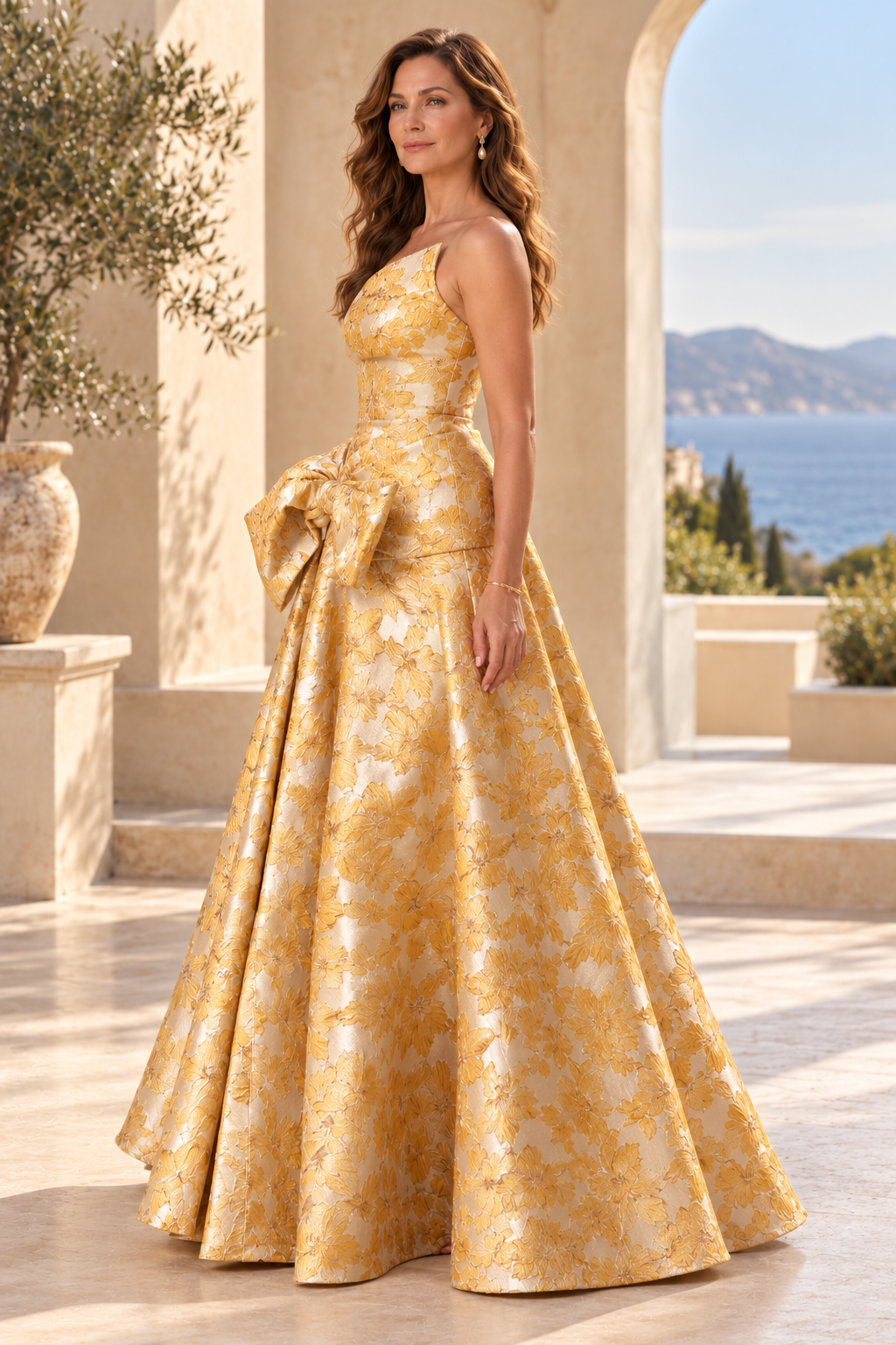 One-Shoulder Floral Jacquard Ball Gown