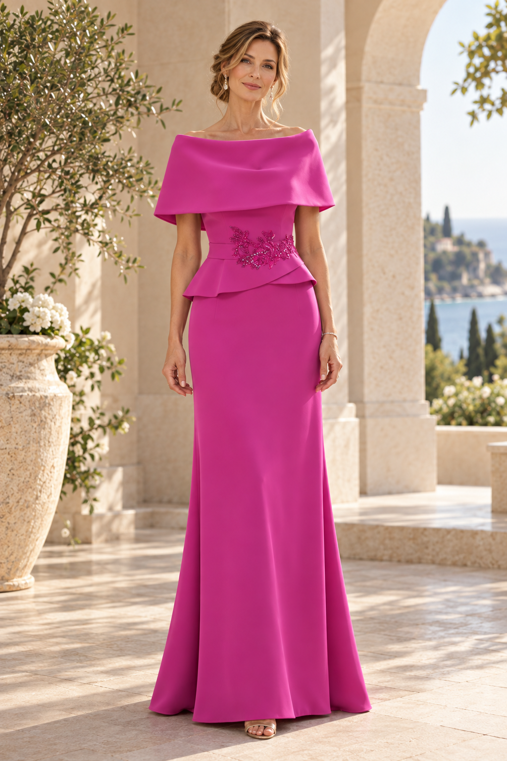 Off-the-Shoulder Beaded Peplum Evening Gown