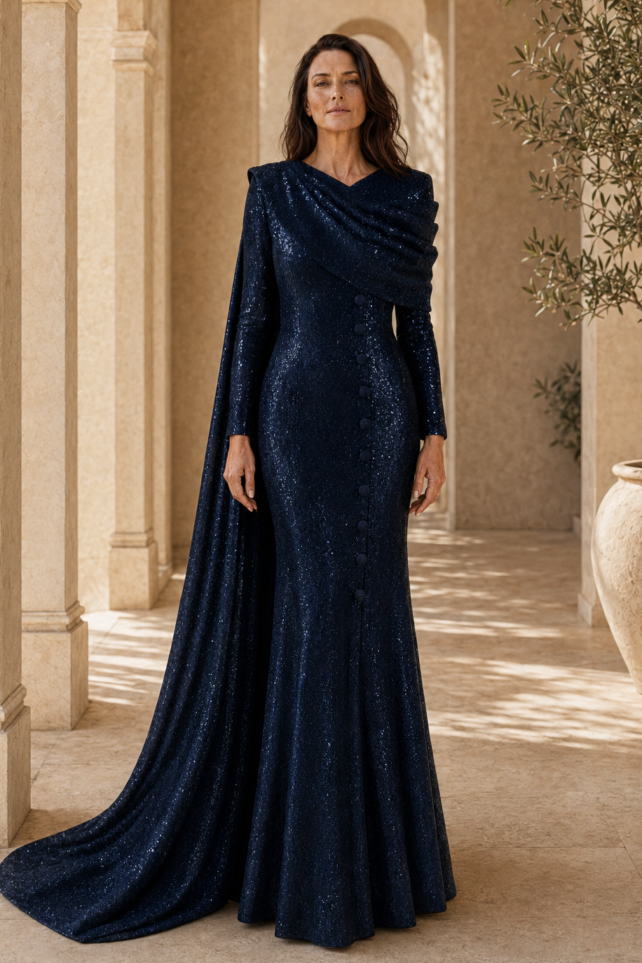 Vestido de Noche con Capa Asimétrica Drapeada y Lentejuelas