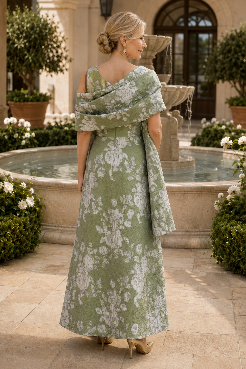 Vestido largo de jacquard floral asimétrico con chal