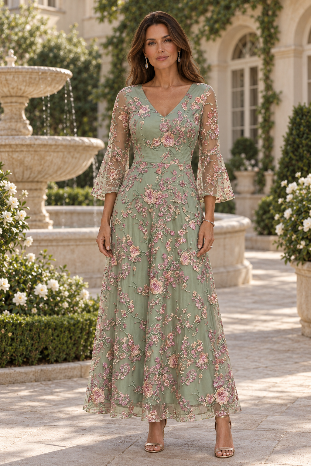 Vestido Evasé Floral Bordado con Mangas Acampanadas