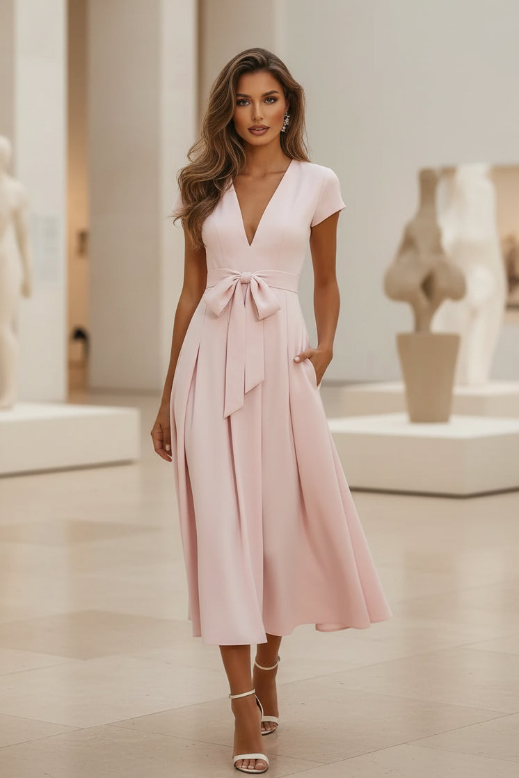 Vestido Midi con Escote Pronunciado en V, Manga Corta y Cinturón de Lazo
