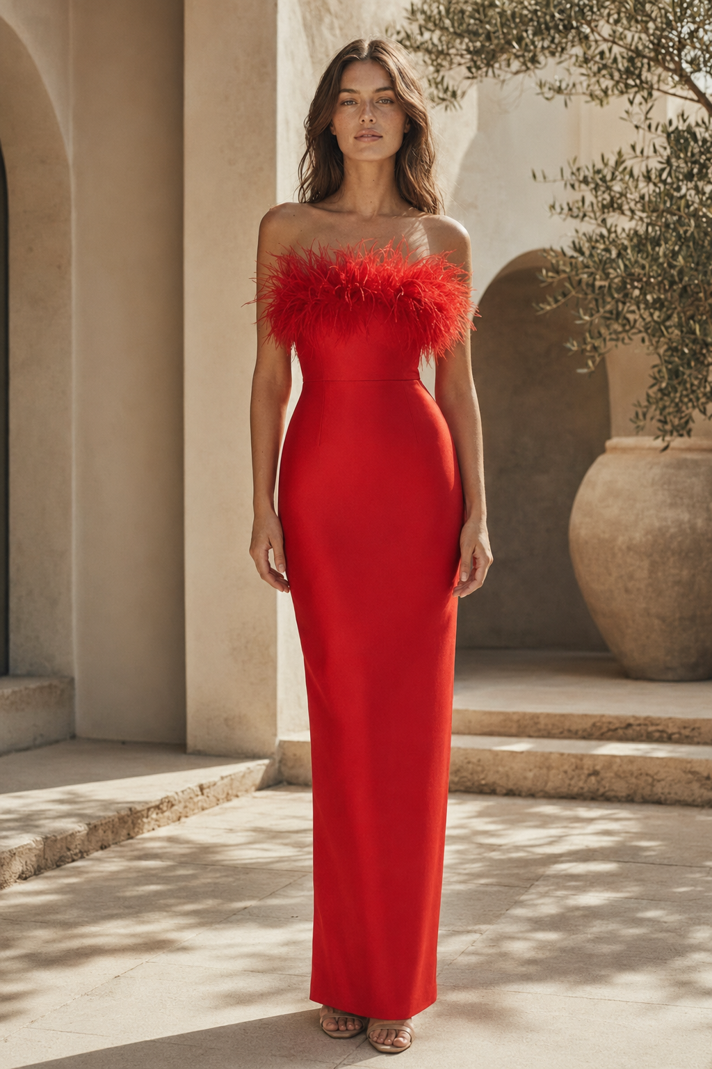 Vestido de noche largo con plumas y escote palabra de honor