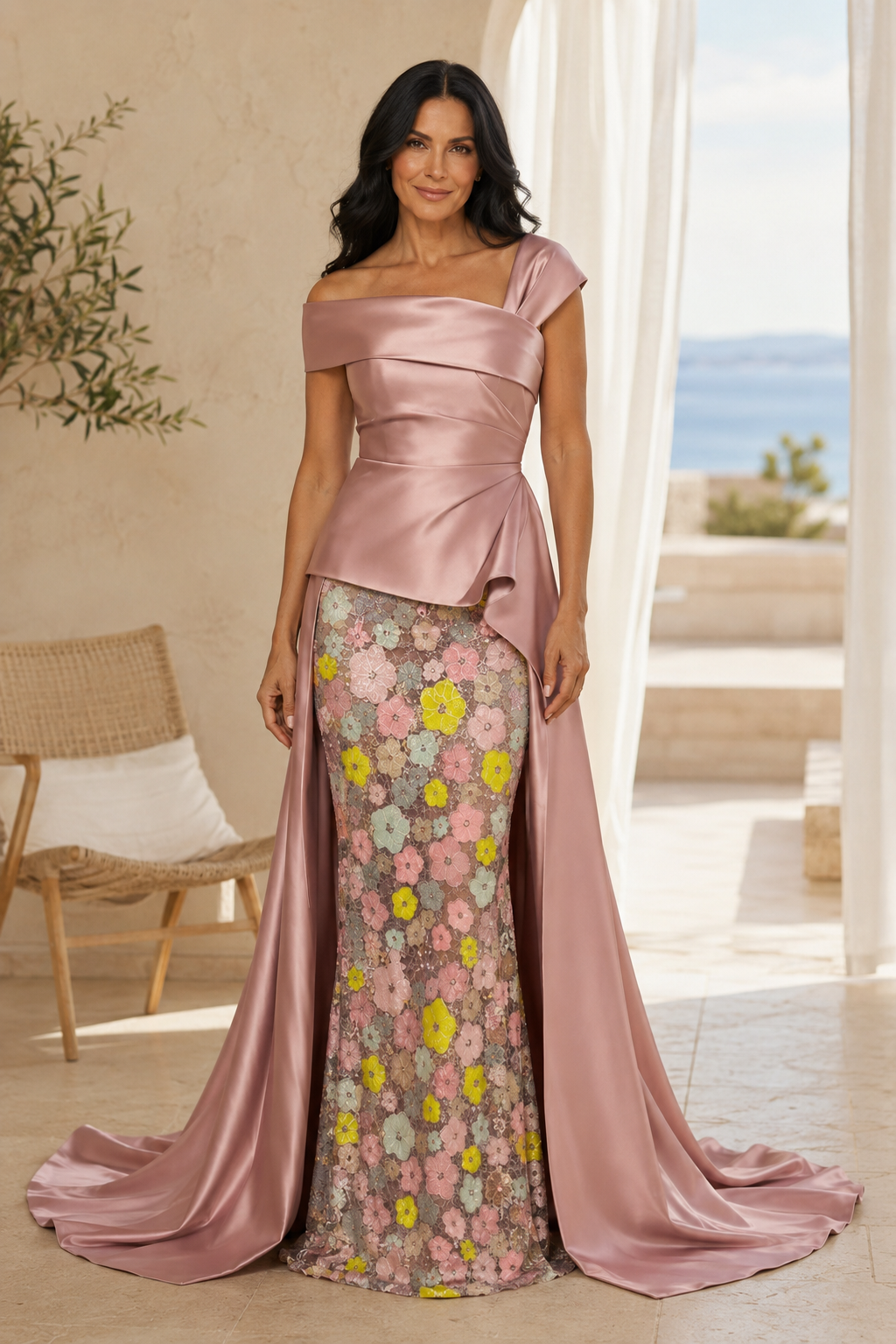 Vestido de noche con hombros descubiertos, estampado floral y lentejuelas con sobrefalda de satén