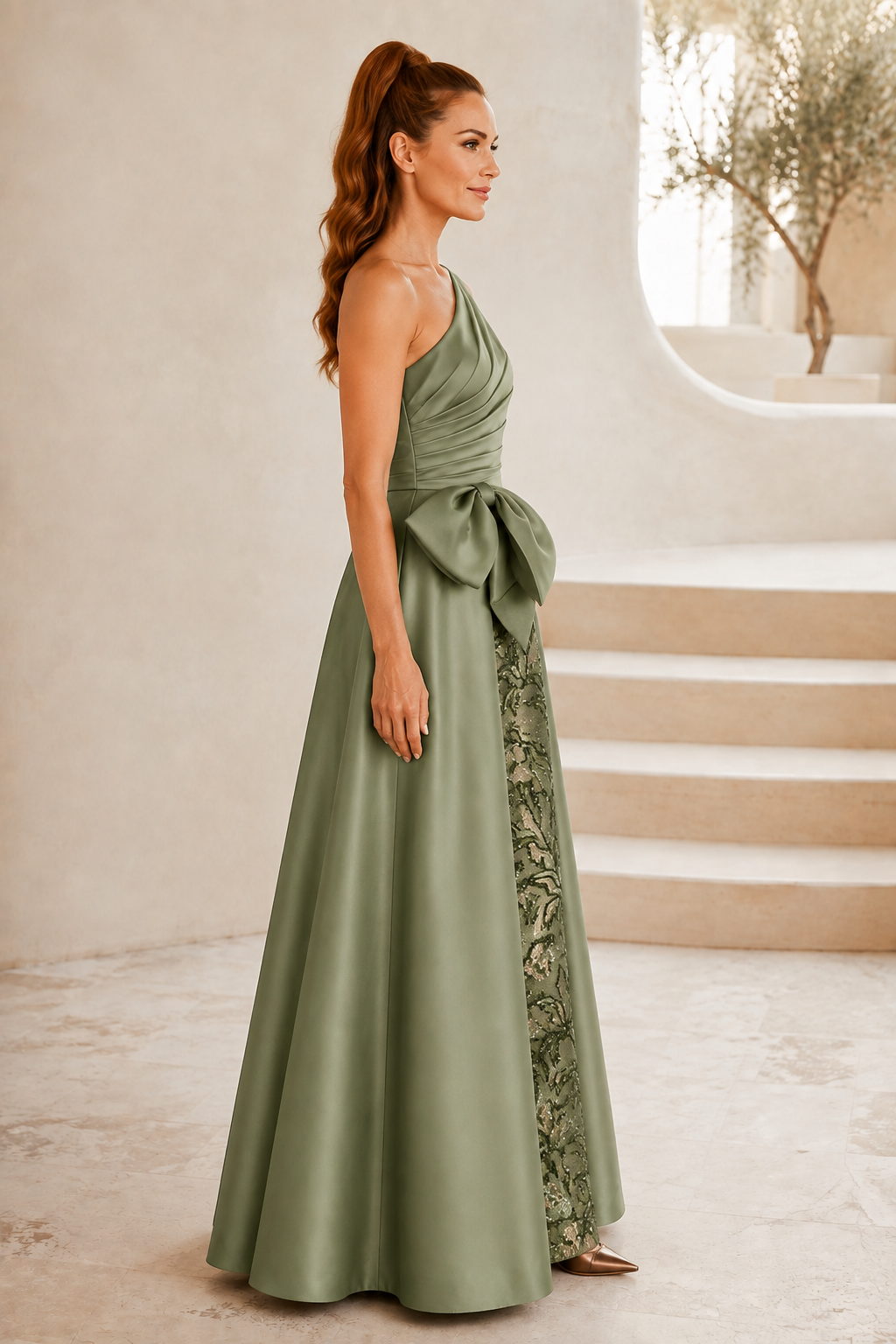 Vestido Plisado con un Solo Hombro, Falda de Lentejuelas y Lazo
