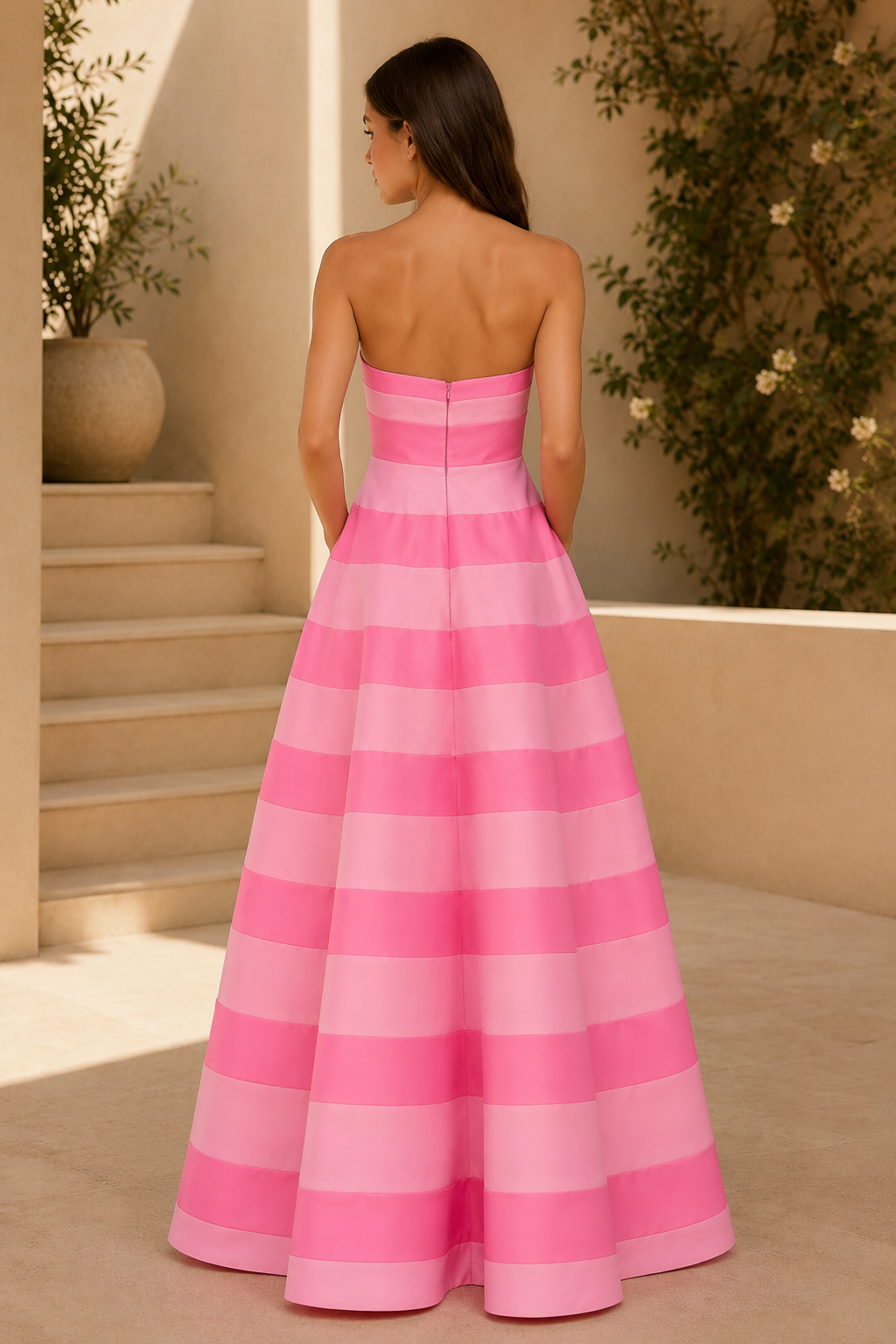 Vestido de gala de satén con rayas y corte en A sin tirantes