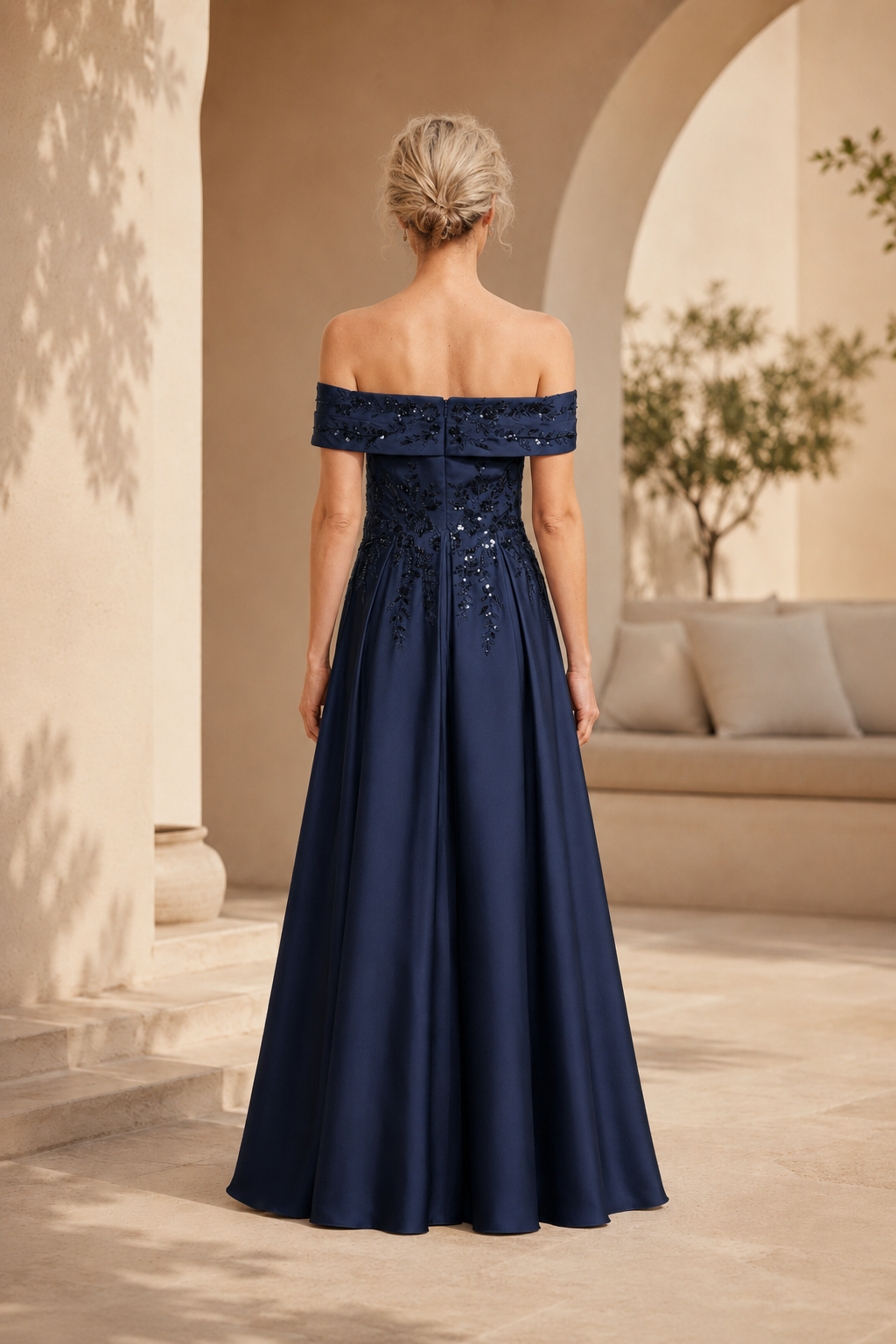Vestido de Noche Acampanado con Aplicación de Lentejuelas y Hombros Descubiertos