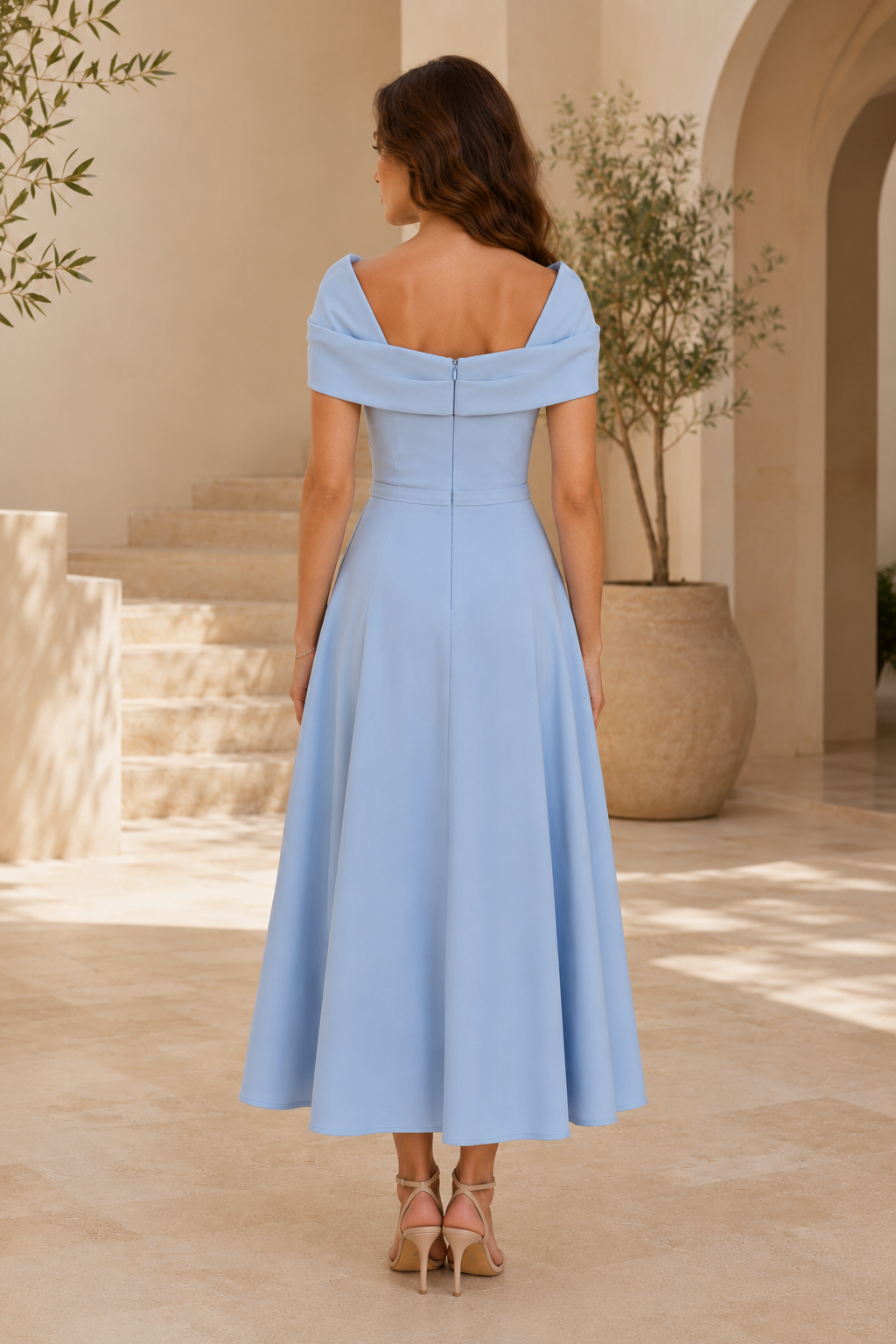 Vestido Midi Asimétrico con Hombros Descubiertos y Corte Evasé