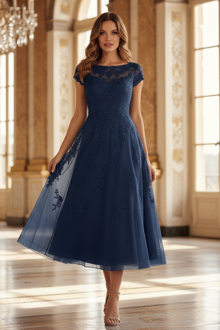 Vestido línea A largo té de encaje con escote ilusión