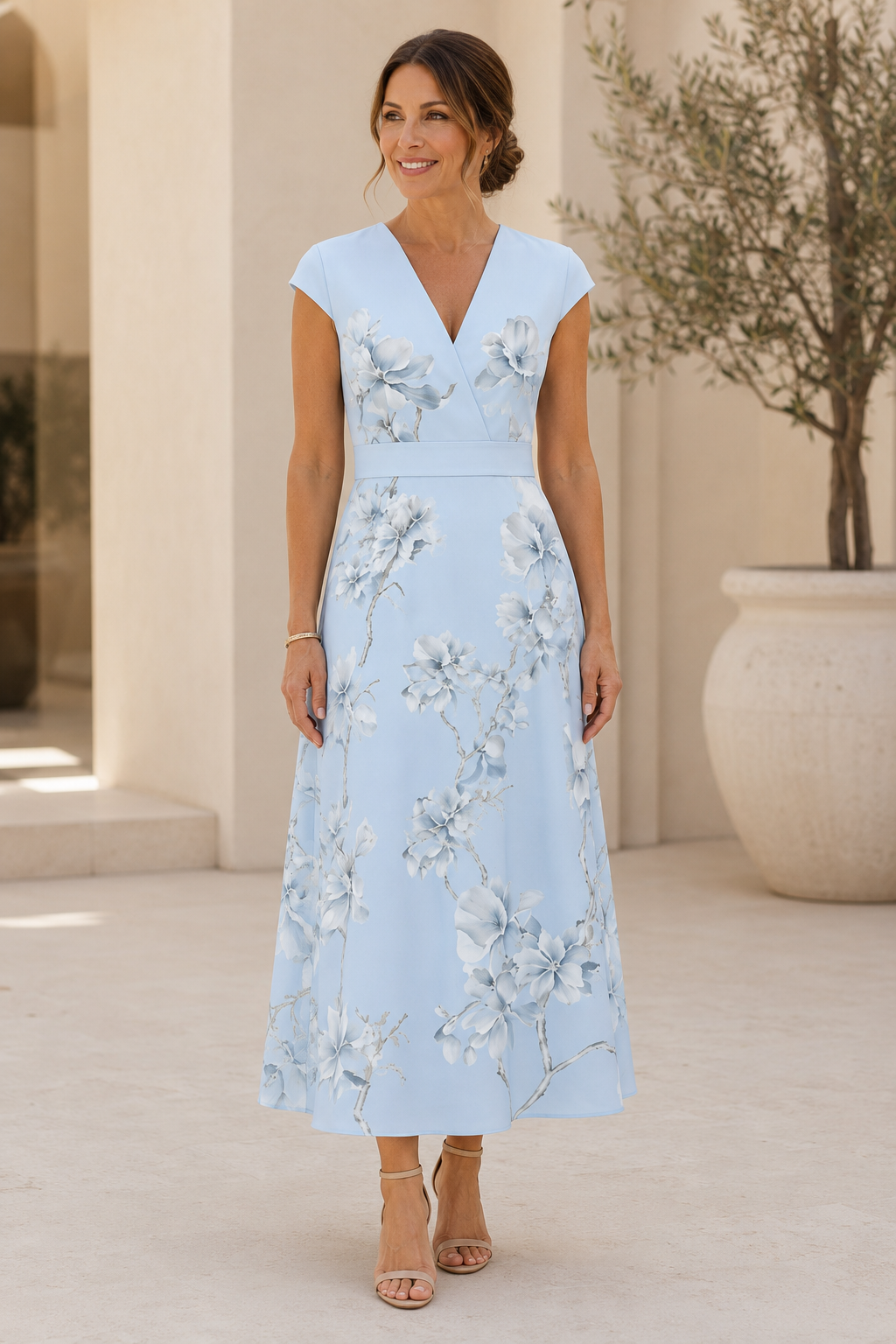 Vestido midi evasé con estampado floral y manga casquillo